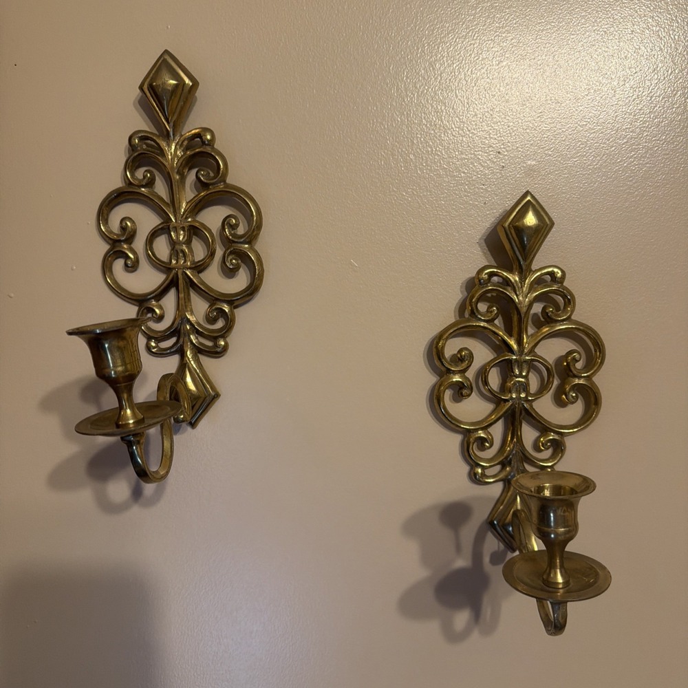 Vintage Pair Cast Brass Wall Candle Sconces Ornate Botanical Scroll 8" x 6"